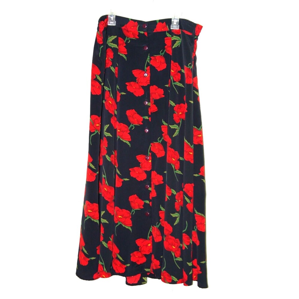 Renee Adams Maxi Long Red Floral Asymmetrical Button Down Skirt Sz L